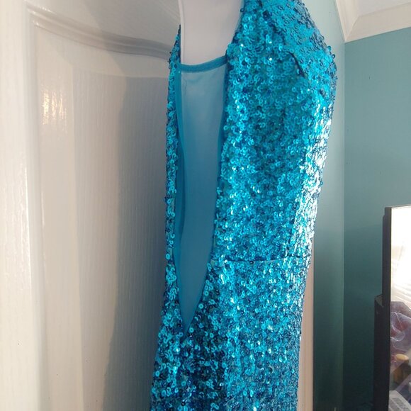 Morgan & Co Aqua Marine Mermaid Prom Formal Sequin Sparkly Gown Mesh Dress 11 - Picture 8 of 14